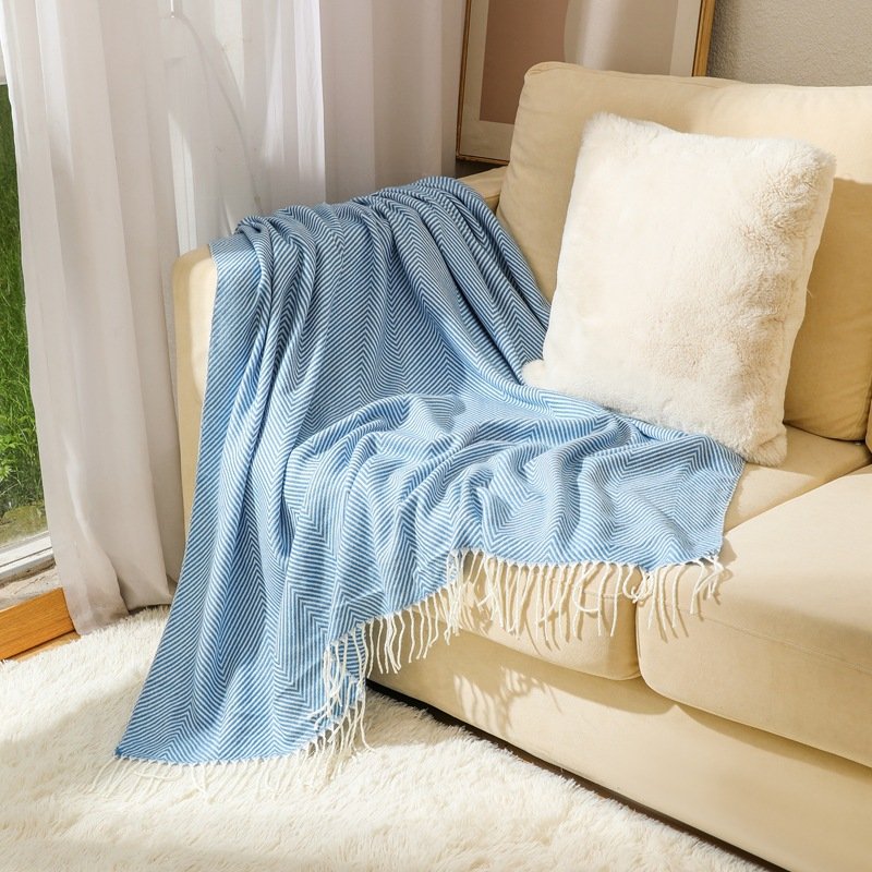 Soft Striped Acrylic Sofa Blanket with Tassels - Image 2