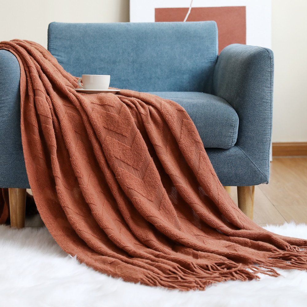Sofa cover blanket, herringbone knitted blanket - Image 3