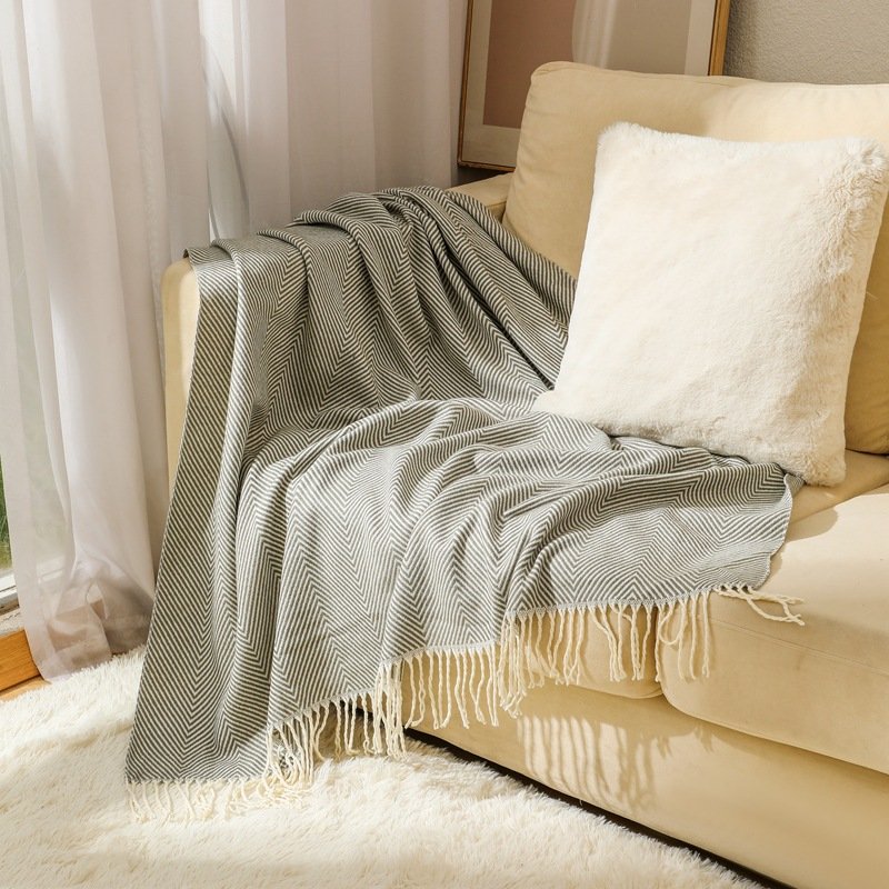 Soft Striped Acrylic Sofa Blanket with Tassels - Image 3