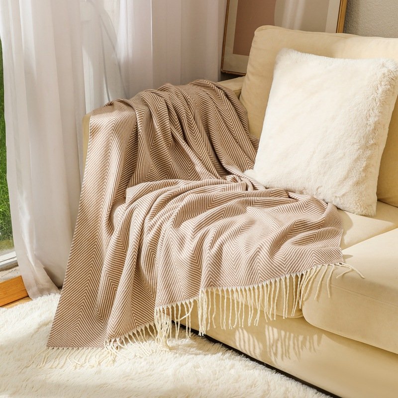Soft Striped Acrylic Sofa Blanket with Tassels - Image 4